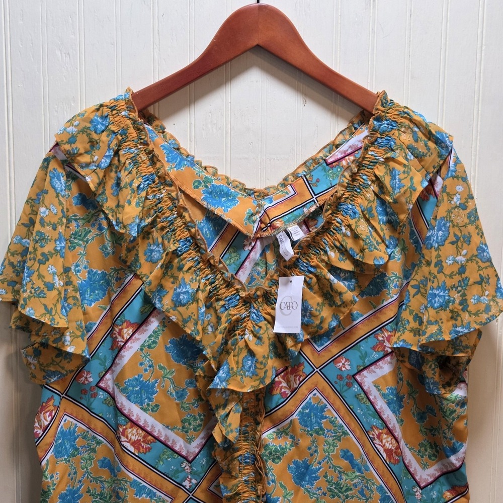 Cato Blouse Womens 18/20W Yellow Floral Off Shoulder Ruffle Boho Tunic Top